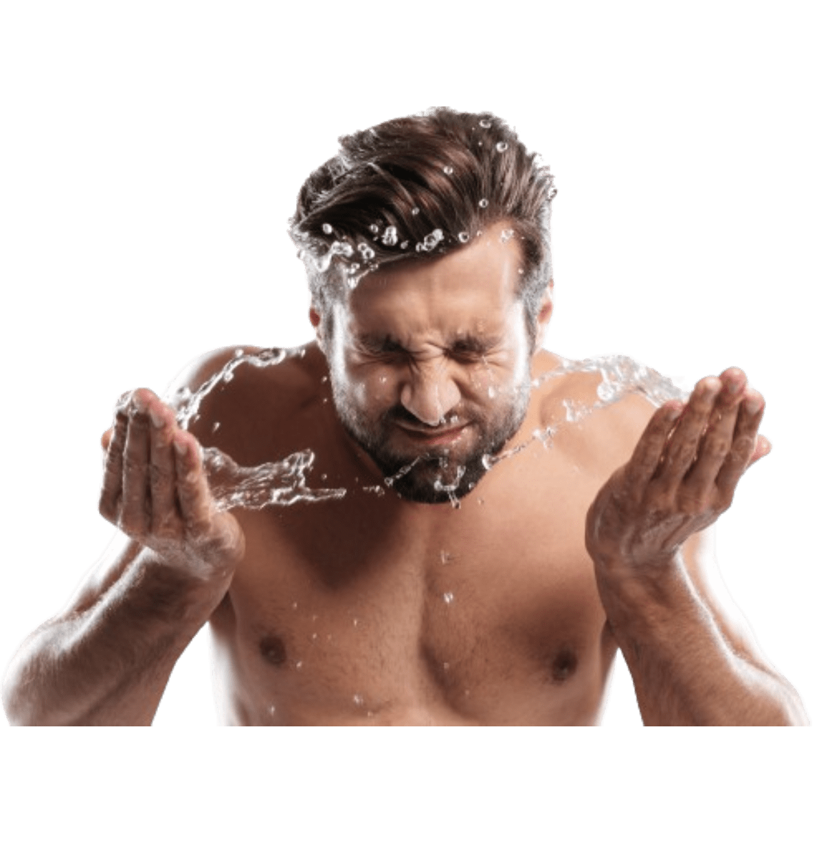 Young man standing isolated over grey wall washes face Young man standing isolated over grey wall washes face